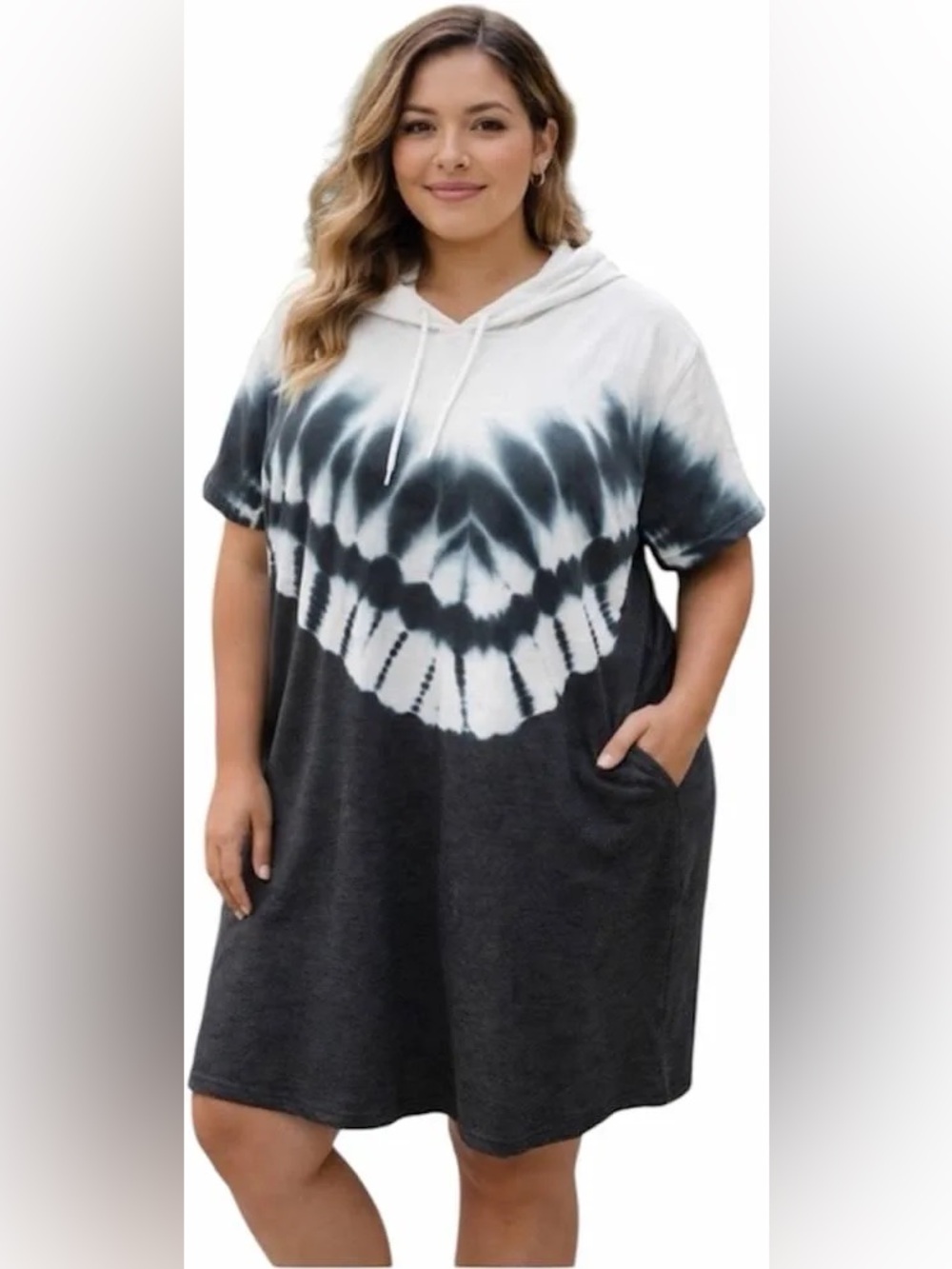 NEW! LIVI Lane Bryant Tie-Dye Hooded Short Sleeve Sweatshirt Dress Blue White